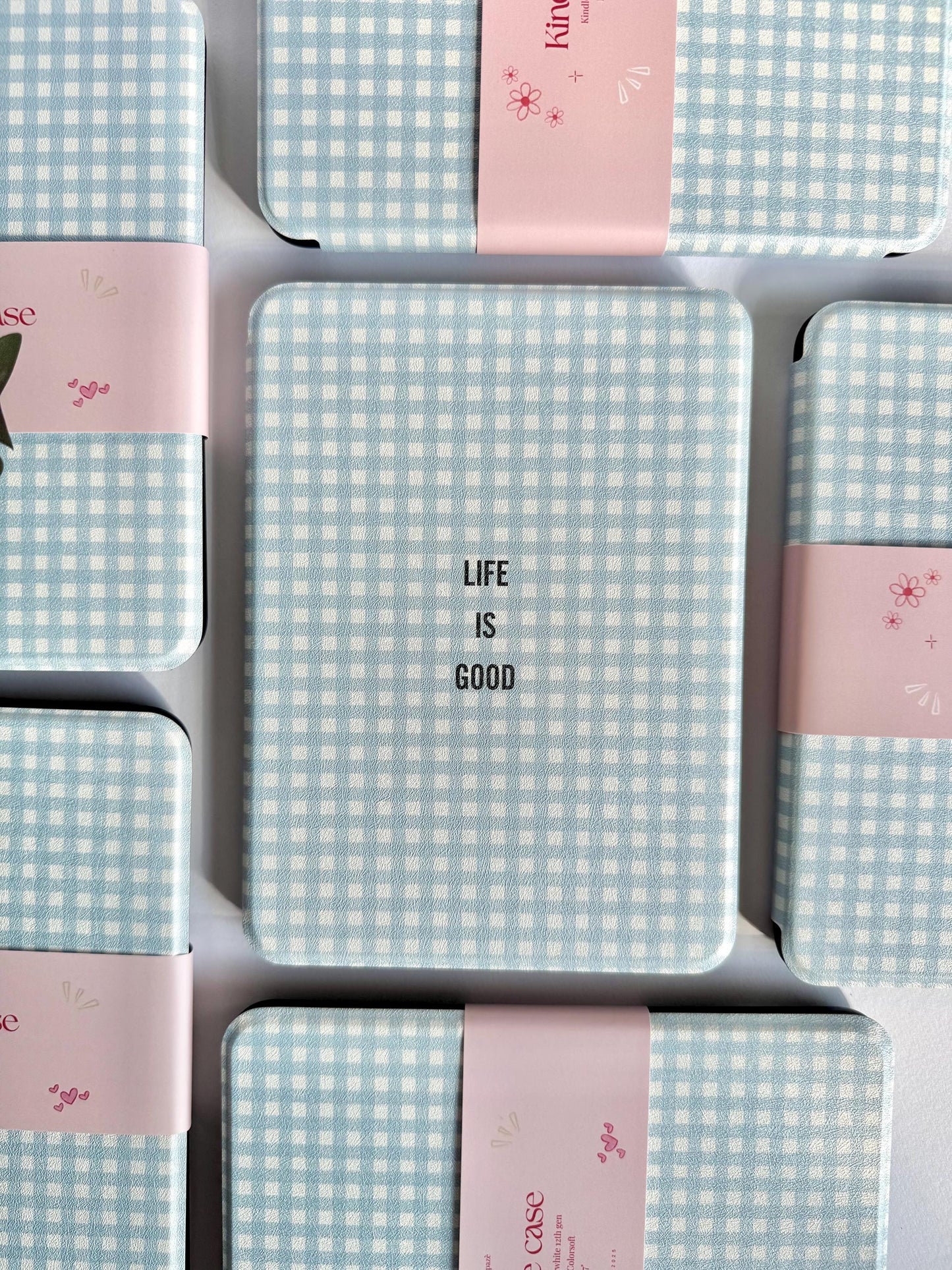 Blue Gingham Kindle Kobo Case with Hand Strap | PU Leather E-Reader Cover | Fits Kindle Paperwhite, Basic & Kobo