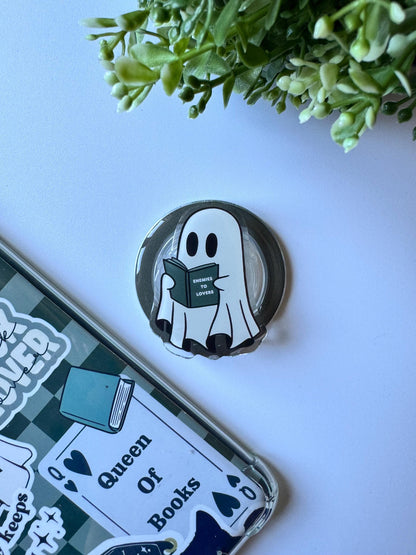 Cute ghost MagSafe Kindle grip with ‘Enemies to Lovers’ quote – magnetic e-reader accessories