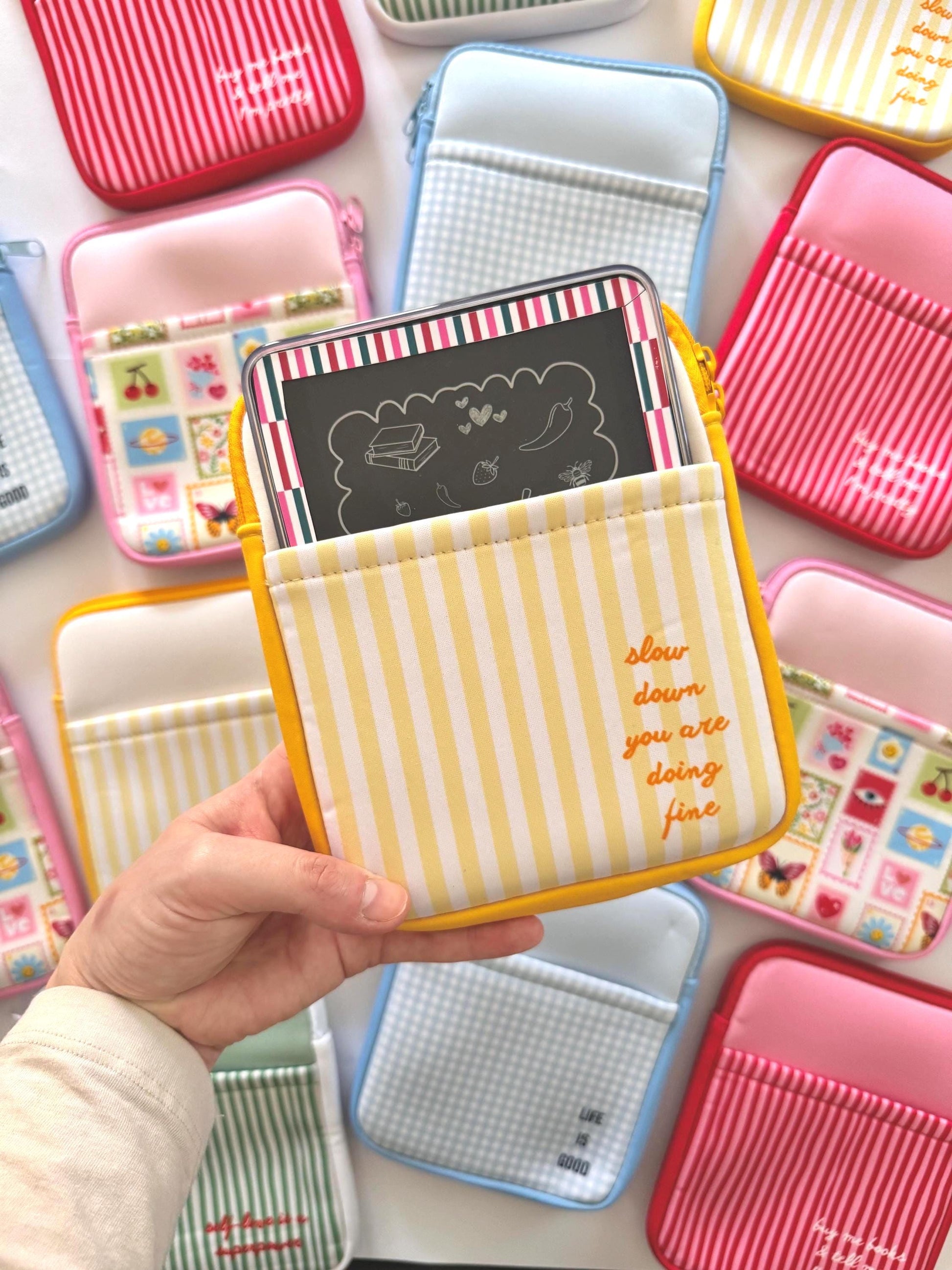 Yellow Stripes Kindle Sleeve Case with Pocket | Neoprene E-Reader Cover | Fits Kindle Paperwhite & Kobo | Spring Summer Gift for Booklover, Colorful print kindle sleeve, Kobo sleeve waterproof