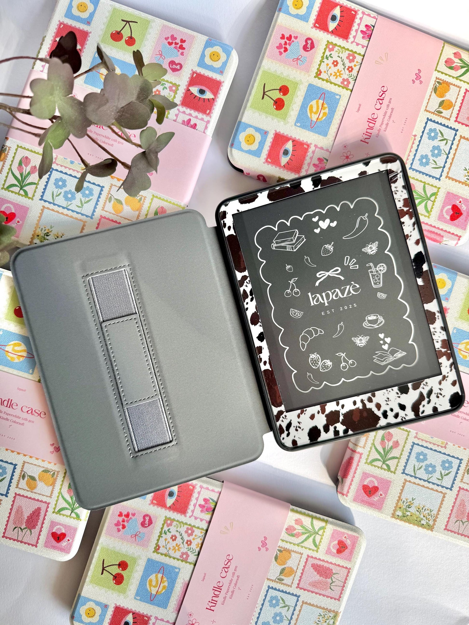 Girly Stamps Kindle Kobo Case with Hand Strap | PU Leather E-Reader Cover | Fits Kindle Paperwhite, Basic & Kobo