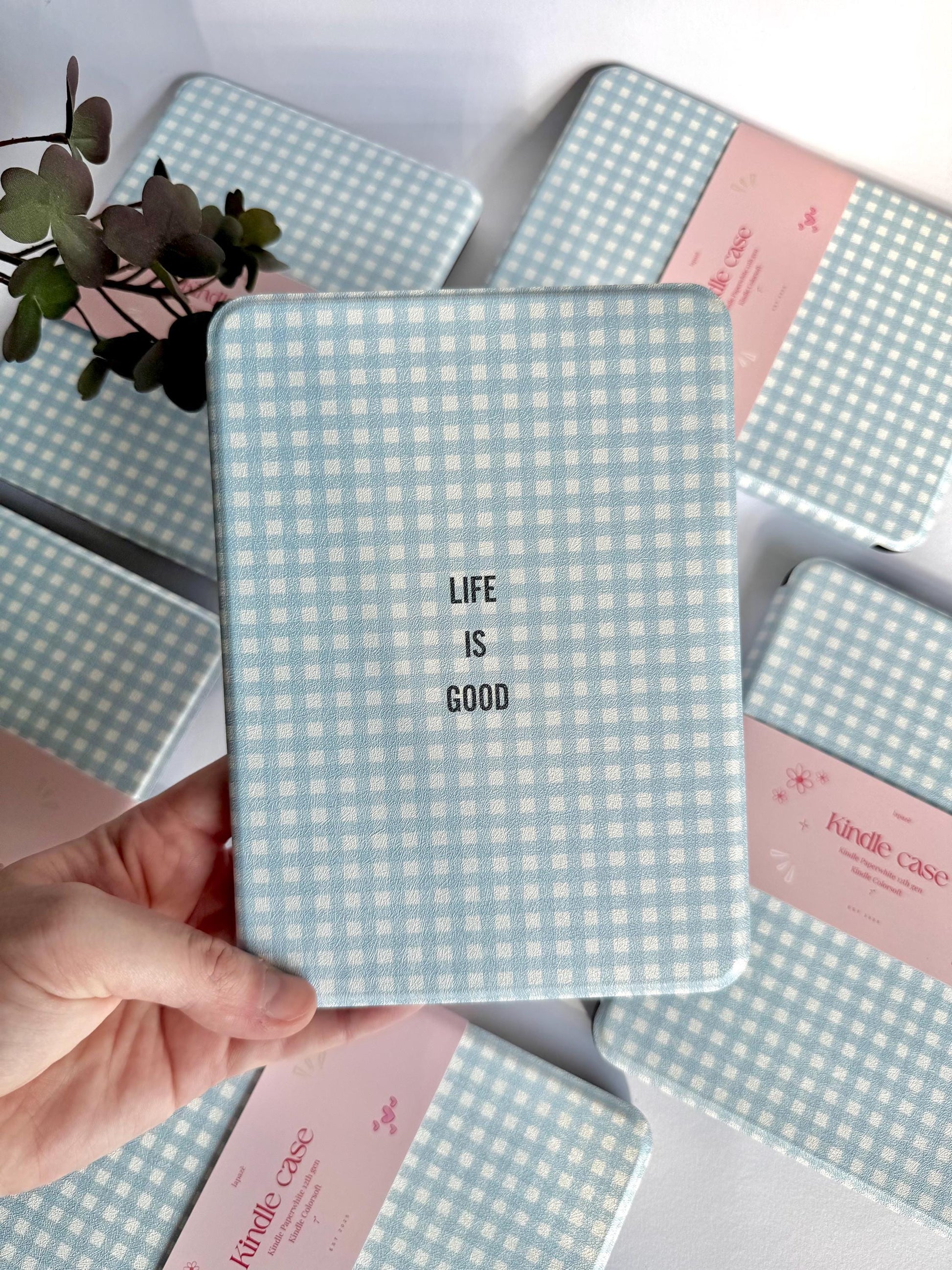 Blue Gingham Kindle Kobo Case with Hand Strap | PU Leather E-Reader Cover | Fits Kindle Paperwhite, Basic & Kobo