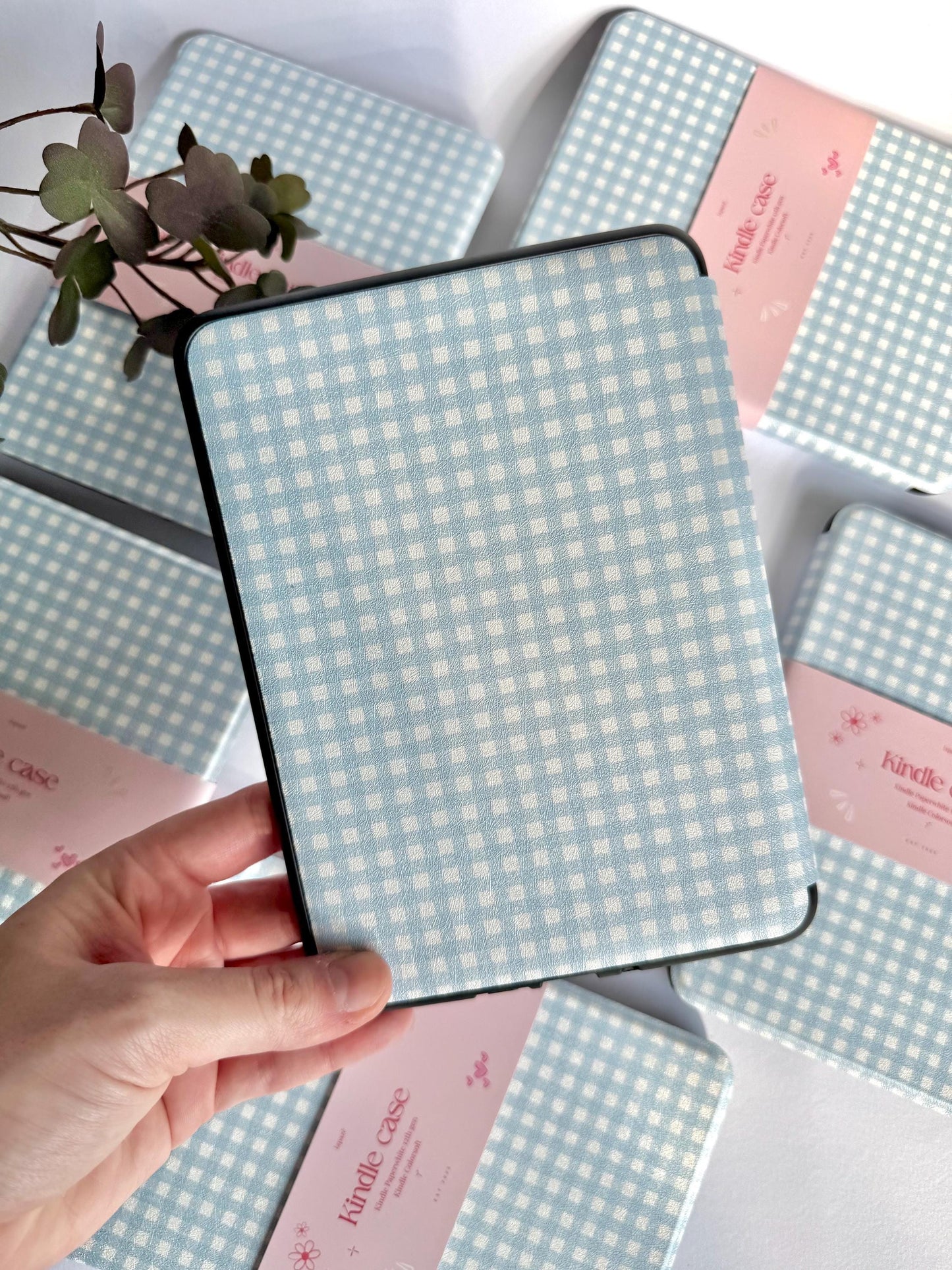 Blue Gingham Kindle Kobo Case with Hand Strap | PU Leather E-Reader Cover | Fits Kindle Paperwhite, Basic & Kobo