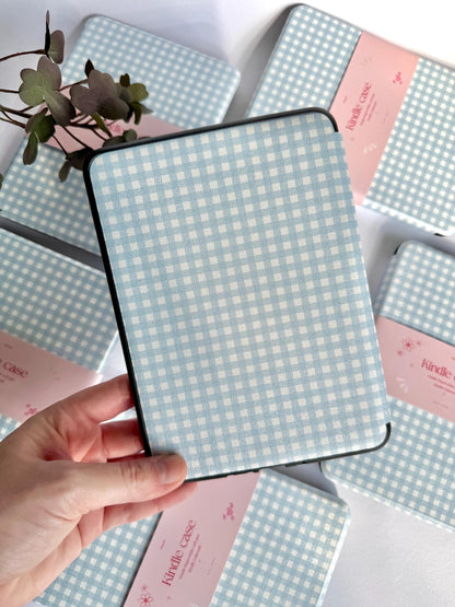 Blue Gingham Kindle Kobo Case with Hand Strap | PU Leather E-Reader Cover | Fits Kindle Paperwhite, Basic & Kobo