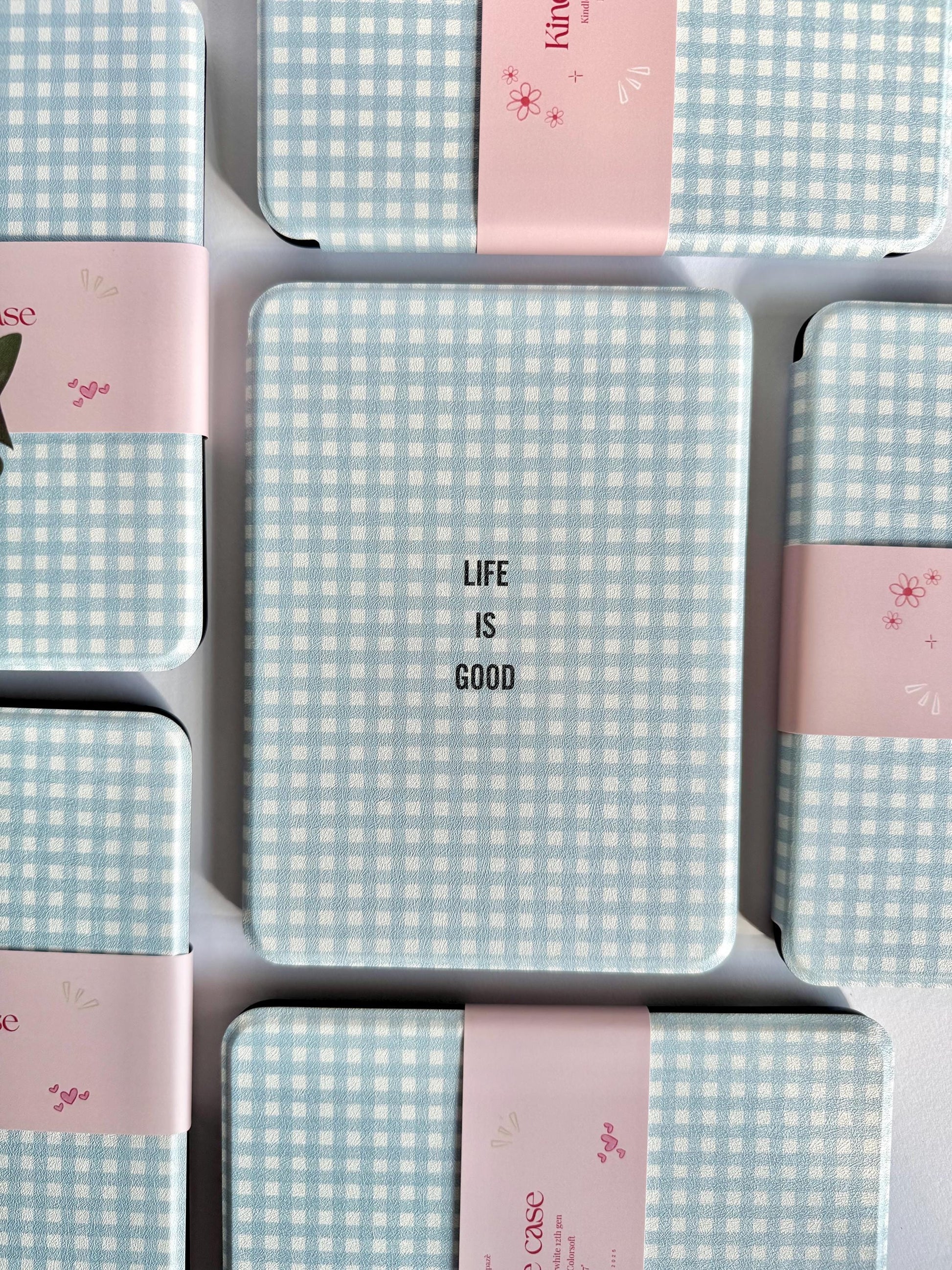 Blue Gingham Kindle Kobo Case with Hand Strap | PU Leather E-Reader Cover | Fits Kindle Paperwhite, Basic & Kobo