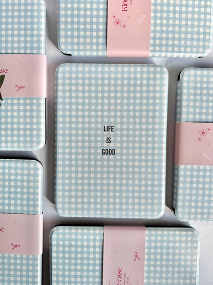 Blue Gingham Kindle Kobo Case with Hand Strap | PU Leather E-Reader Cover | Fits Kindle Paperwhite, Basic & Kobo