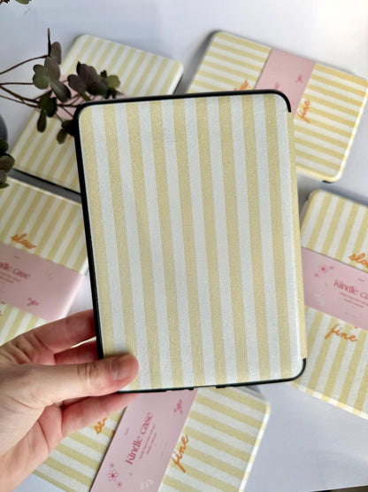 Yellow Stripes Kindle Kobo Case with Hand Strap | PU Leather E-Reader Cover | Fits Kindle Paperwhite, Basic & Kobo
