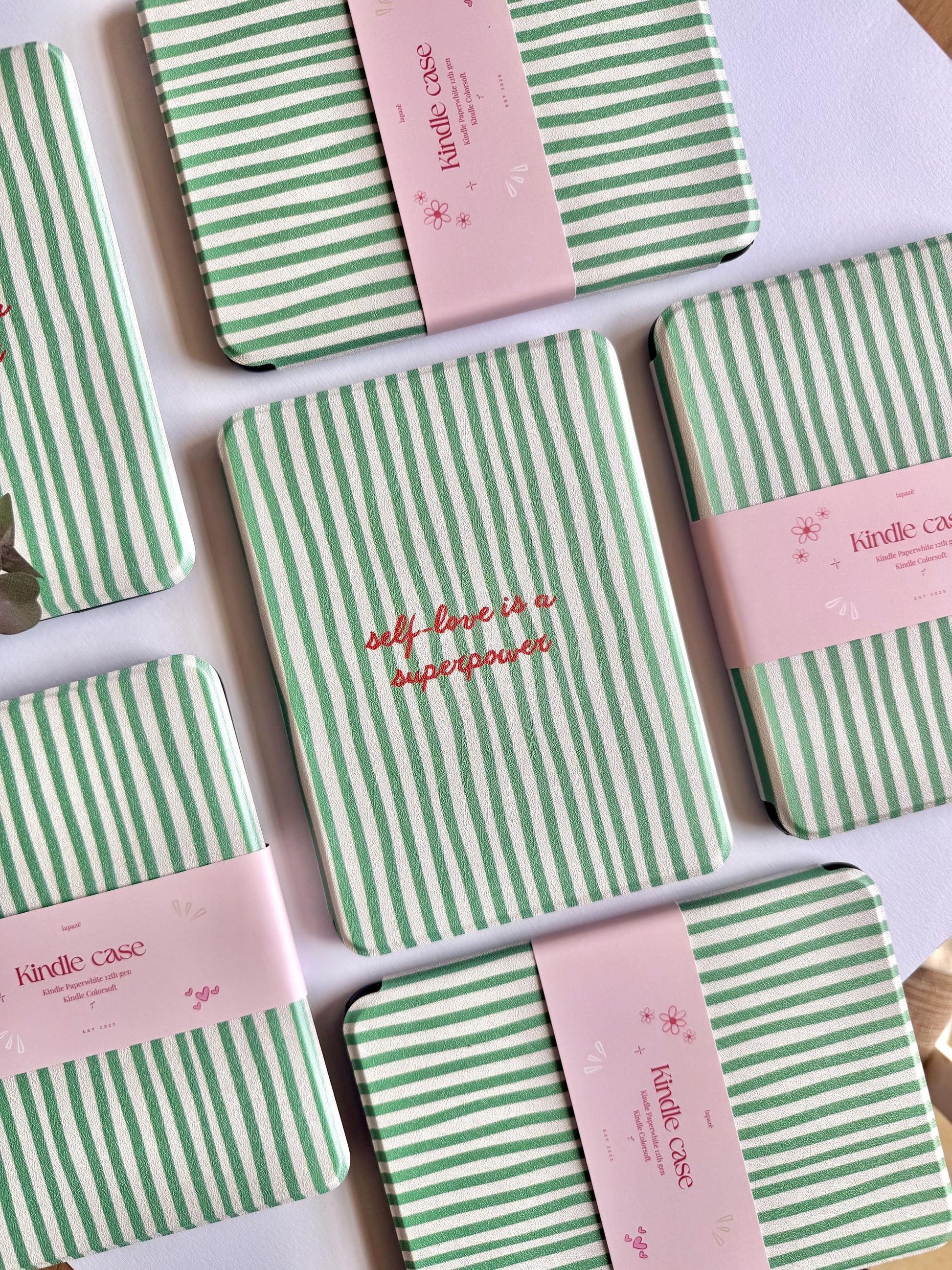 Green Stripes Kindle Kobo Case with Hand Strap | PU Leather E-Reader Cover | Fits Kindle Paperwhite, Basic & Kobo