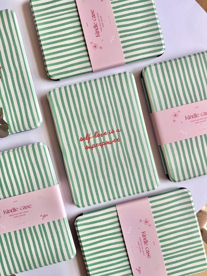 Green Stripes Kindle Kobo Case with Hand Strap | PU Leather E-Reader Cover | Fits Kindle Paperwhite, Basic & Kobo