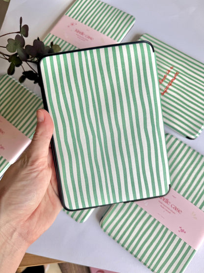 Green Stripes Kindle Kobo Case with Hand Strap | PU Leather E-Reader Cover | Fits Kindle Paperwhite, Basic & Kobo