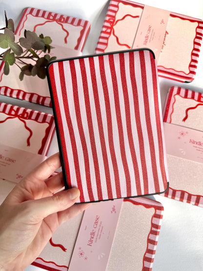 Pink Red Stripes Kindle Kobo Case with Hand Strap | PU Leather E-Reader Cover | Fits Kindle Paperwhite, Basic & Kobo