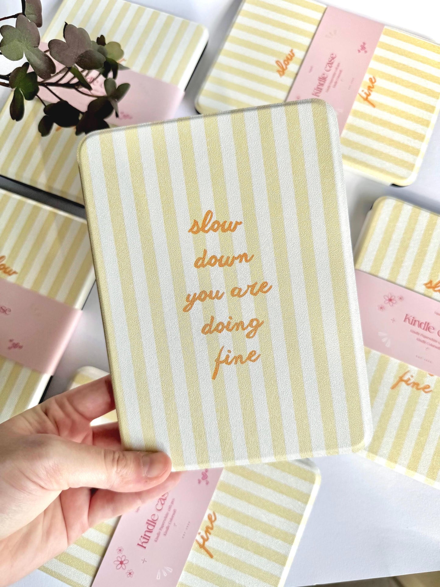 Yellow Stripes Kindle Kobo Case with Hand Strap | PU Leather E-Reader Cover | Fits Kindle Paperwhite, Basic & Kobo