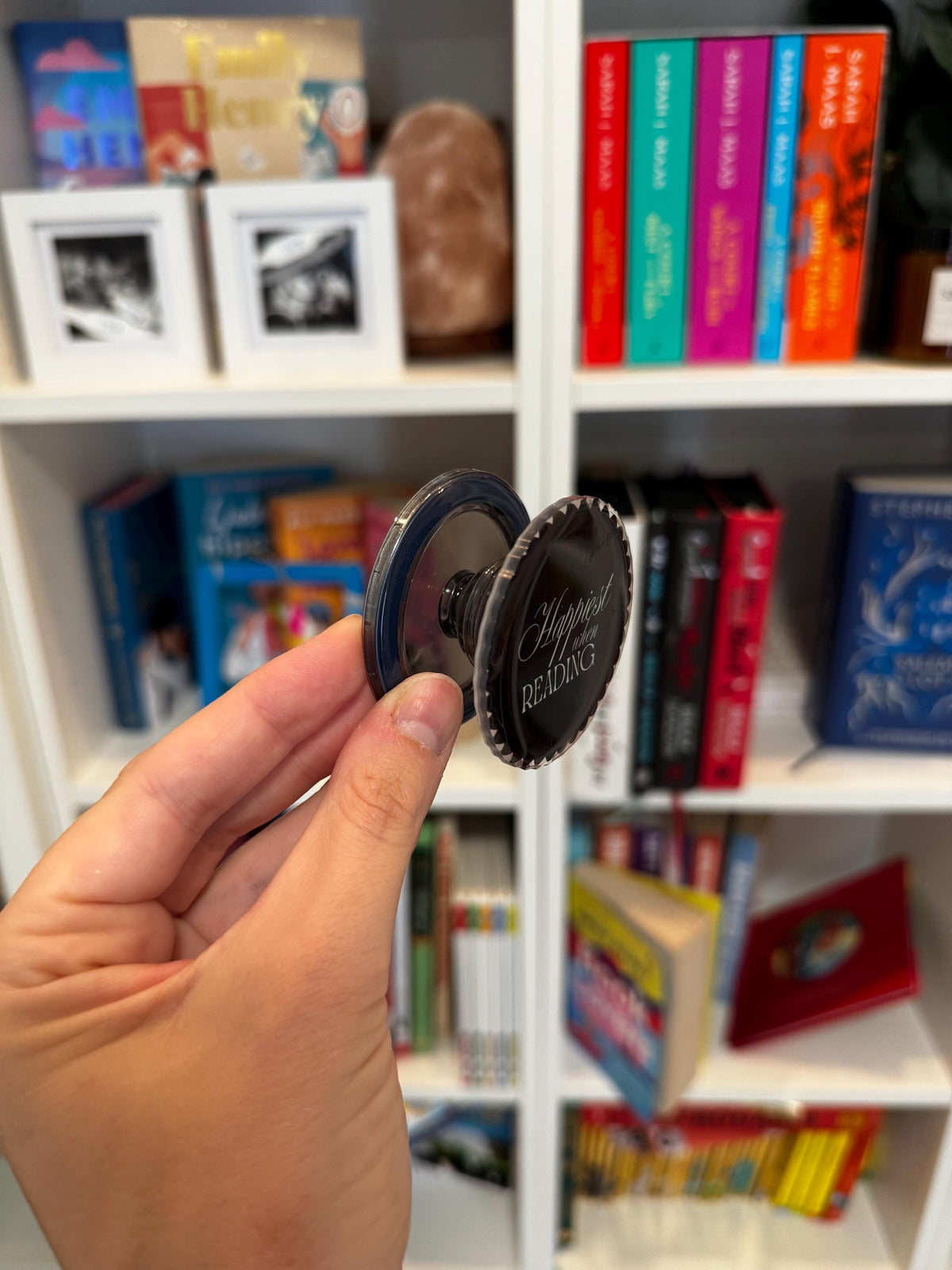 Happiest When Reading Black Kindle MagSafe Grip: Bookish Magnetic Phone Accessory