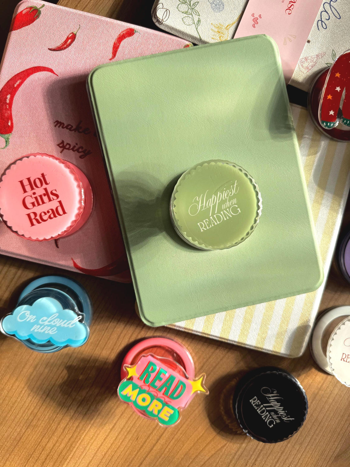 Happiest When Reading Matcha Green Kindle MagSafe Grip: Bookish Magnetic Phone Accessory