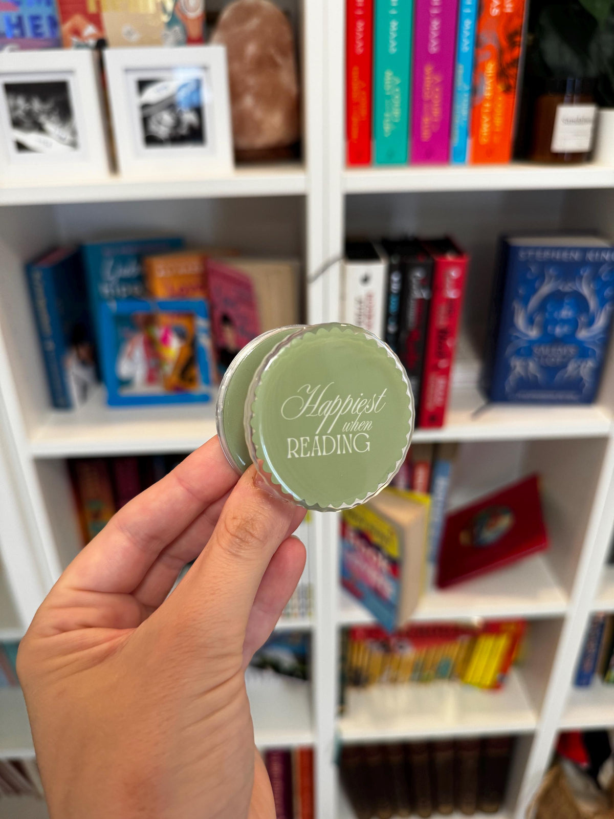Happiest When Reading Matcha Green Kindle MagSafe Grip: Bookish Magnetic Phone Accessory